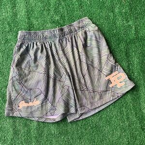 Women’s Gray Leaf-Print Athletic Shorts with Peach Accents